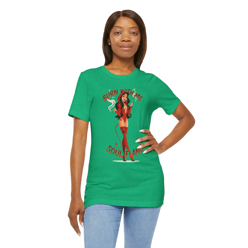 Devil Pinup Tee – "Burn With Me Soul Flame" Graphic T-Shirt
