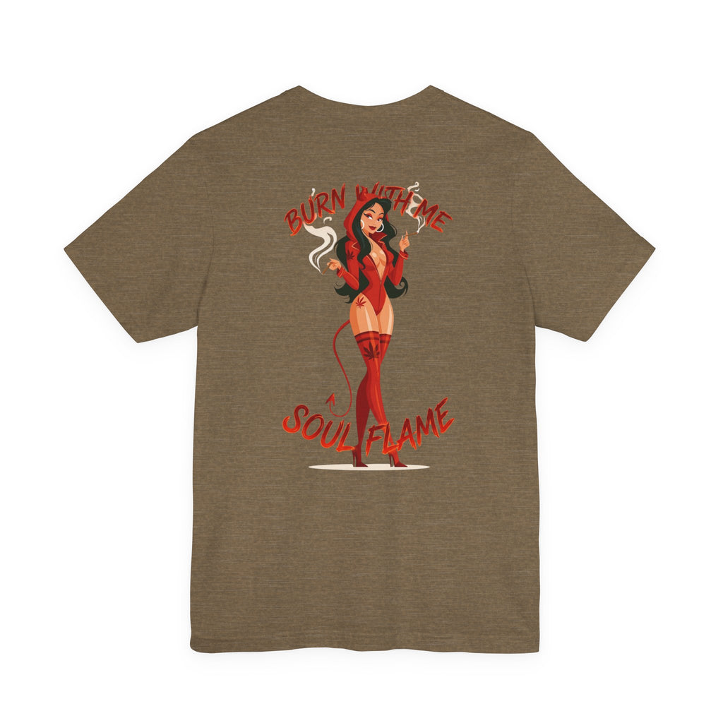 Burn With Me Soul Flame Tee — Retro Pinup Devil Girl Graphic T-Shirt