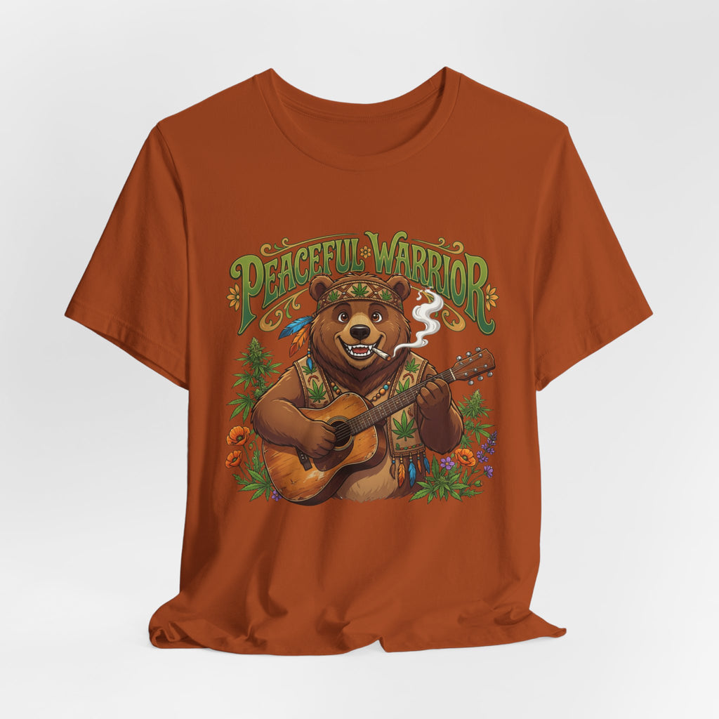 Peaceful Warrior Bear Guitar Tee — Retro Hippie Music Graphic T-Shirt