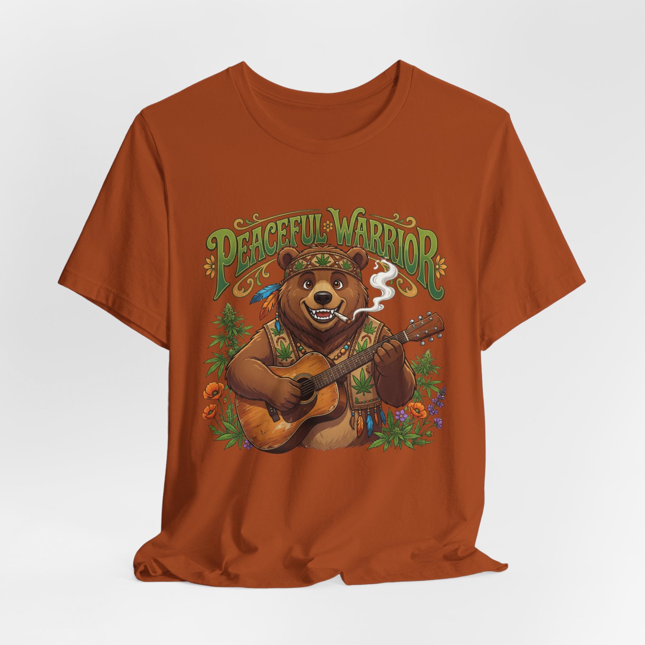 Peaceful Warrior Bear Guitar Tee — Retro Hippie Music Graphic T-Shirt