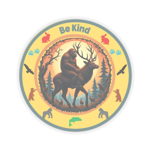 "BE KIND" Sasquatch riding a Deer Sticker