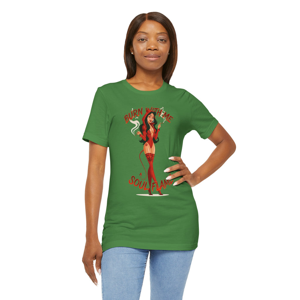 Devil Pinup Tee – "Burn With Me Soul Flame" Graphic T-Shirt