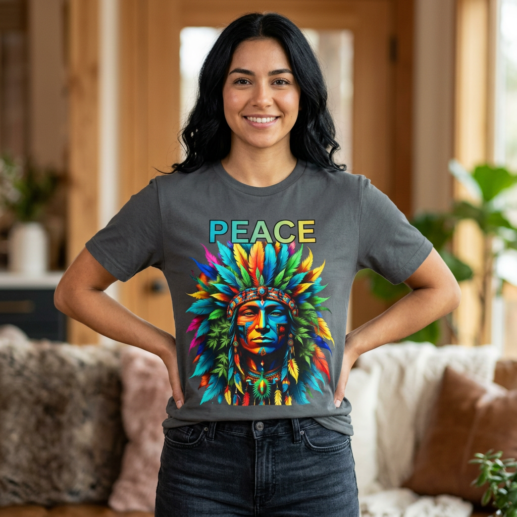 Peace - Native Marijuana Headdress T-Shirt — Colorful Tribal Chief Graphic Tee