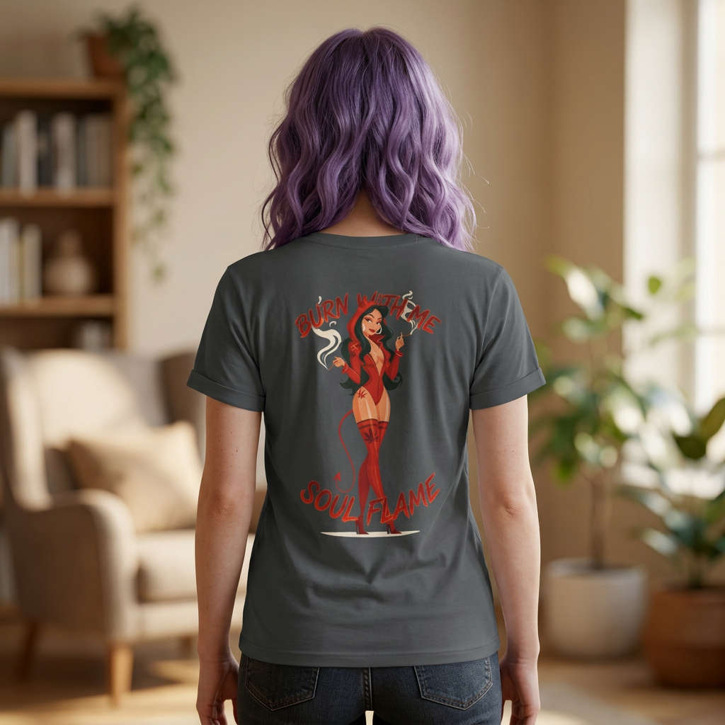 Burn With Me Soul Flame Tee — Retro Pinup Devil Girl Graphic T-Shirt
