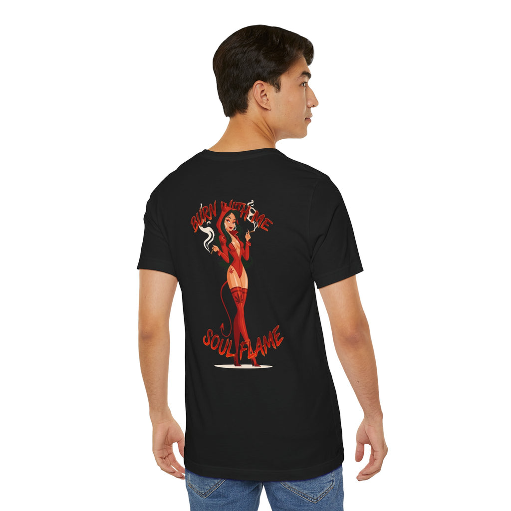 Burn With Me Soul Flame Tee — Retro Pinup Devil Girl Graphic T-Shirt