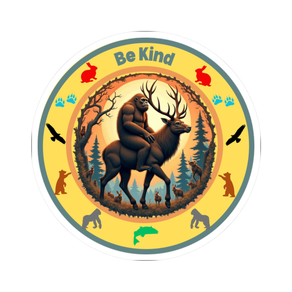 "BE KIND" Sasquatch riding a Deer Sticker
