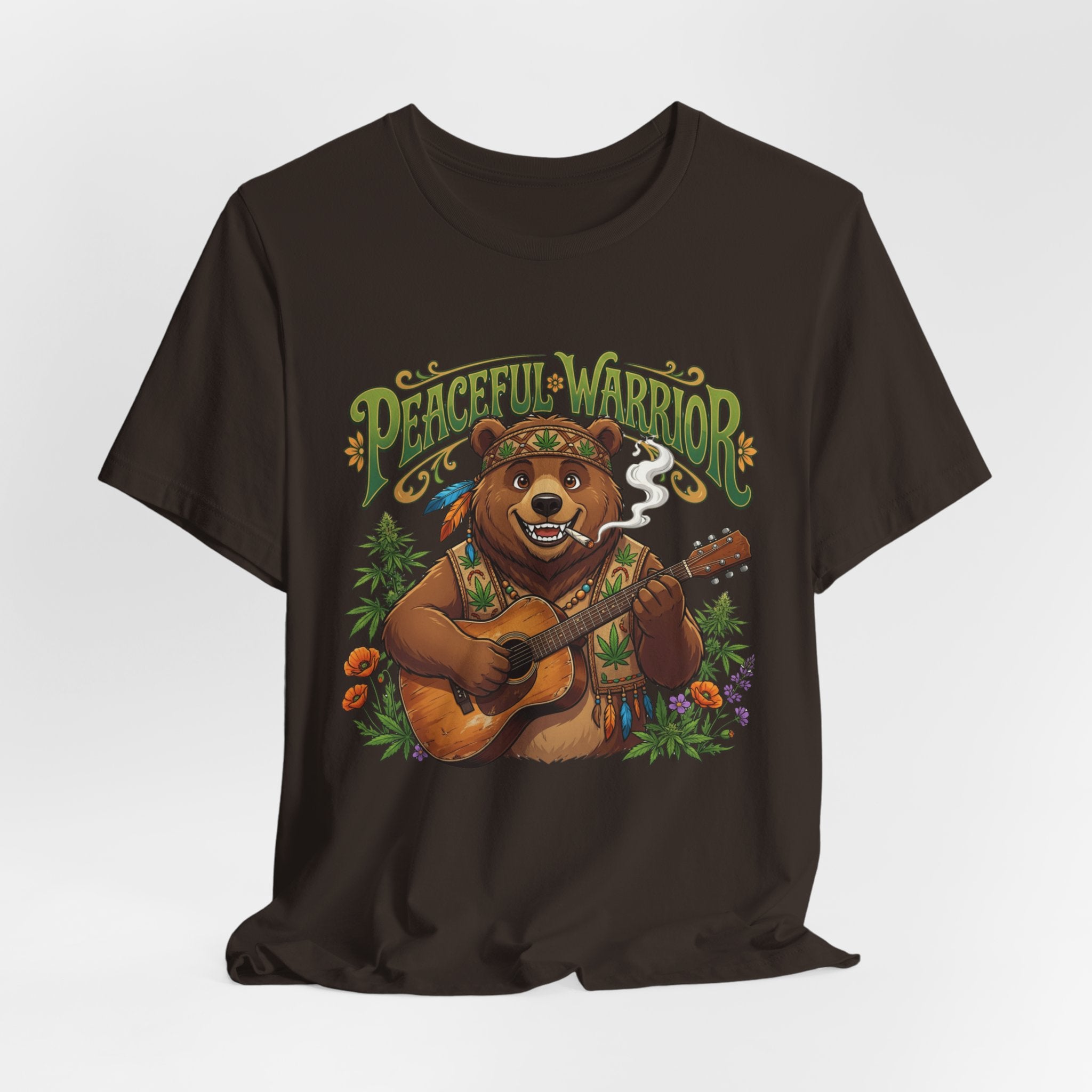 Peaceful Warrior Bear Guitar Tee — Retro Hippie Music Graphic T-Shirt