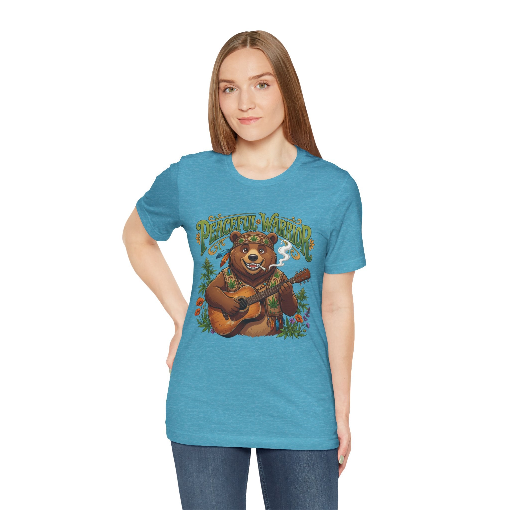 Peaceful Warrior Bear Guitar Tee — Retro Hippie Music Graphic T-Shirt