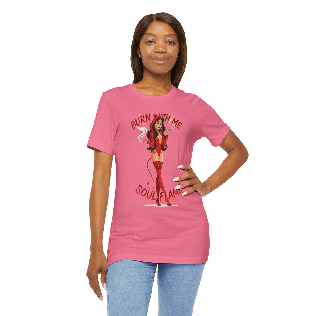 Devil Pinup Tee – "Burn With Me Soul Flame" Graphic T-Shirt