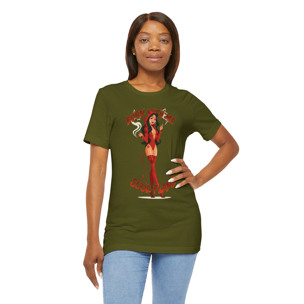Devil Pinup Tee – "Burn With Me Soul Flame" Graphic T-Shirt