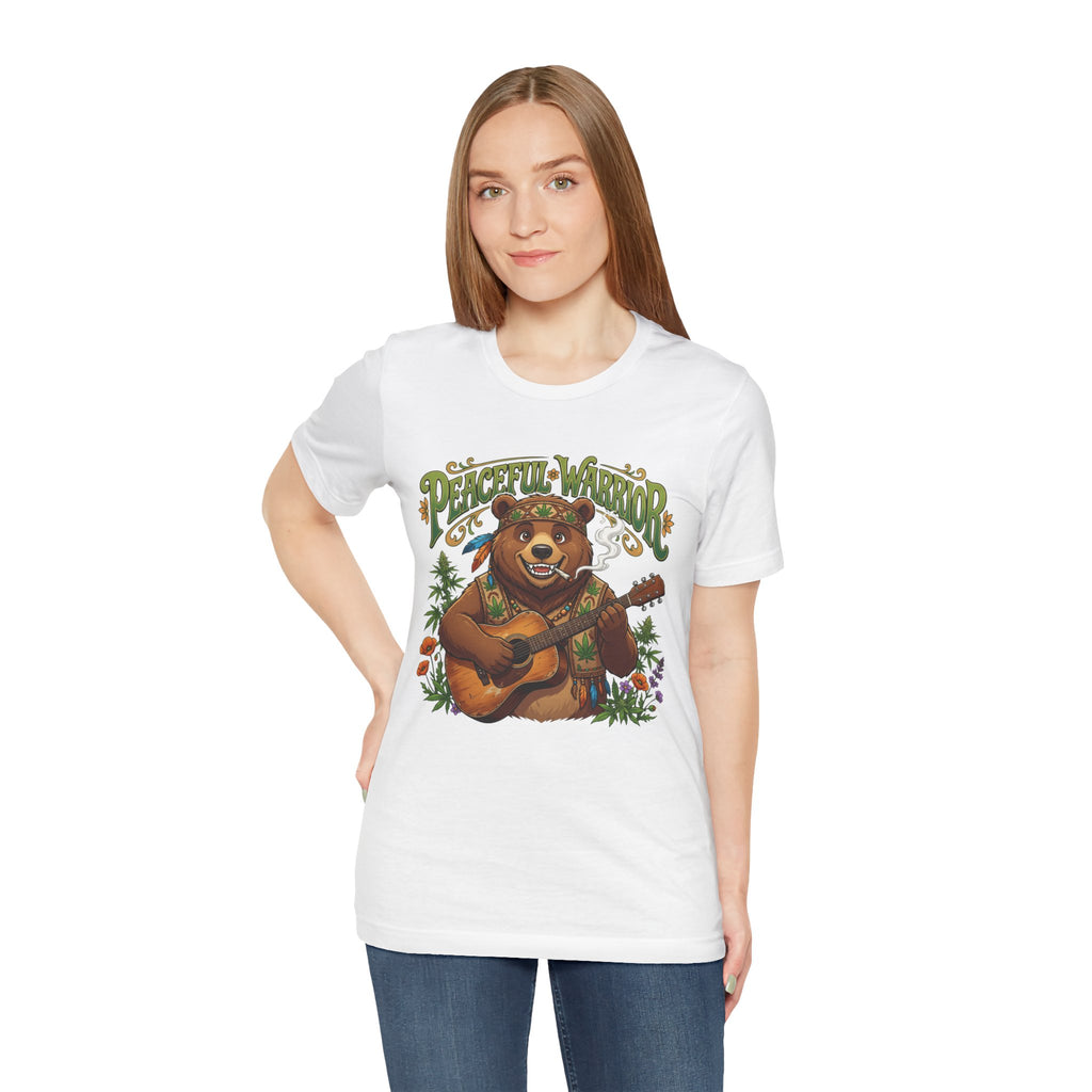Peaceful Warrior Bear Guitar Tee — Retro Hippie Music Graphic T-Shirt