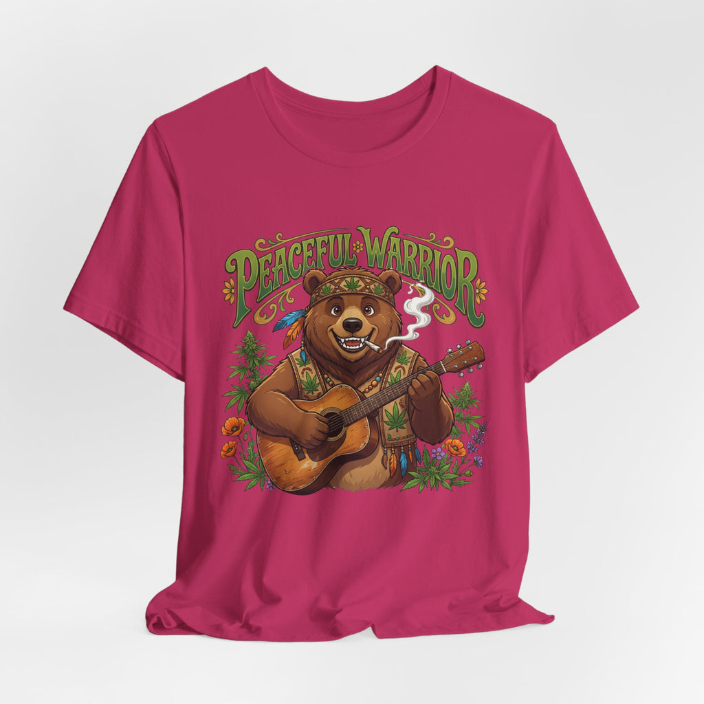 Peaceful Warrior Bear Guitar Tee — Retro Hippie Music Graphic T-Shirt