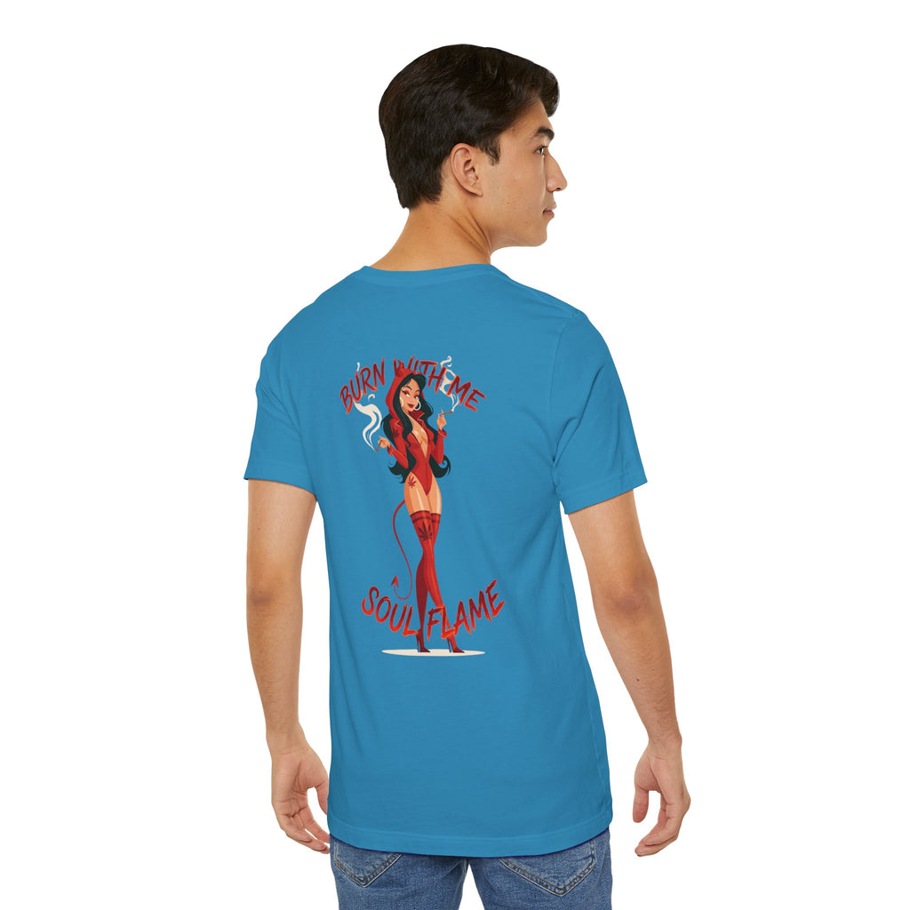 Burn With Me Soul Flame Tee — Retro Pinup Devil Girl Graphic T-Shirt