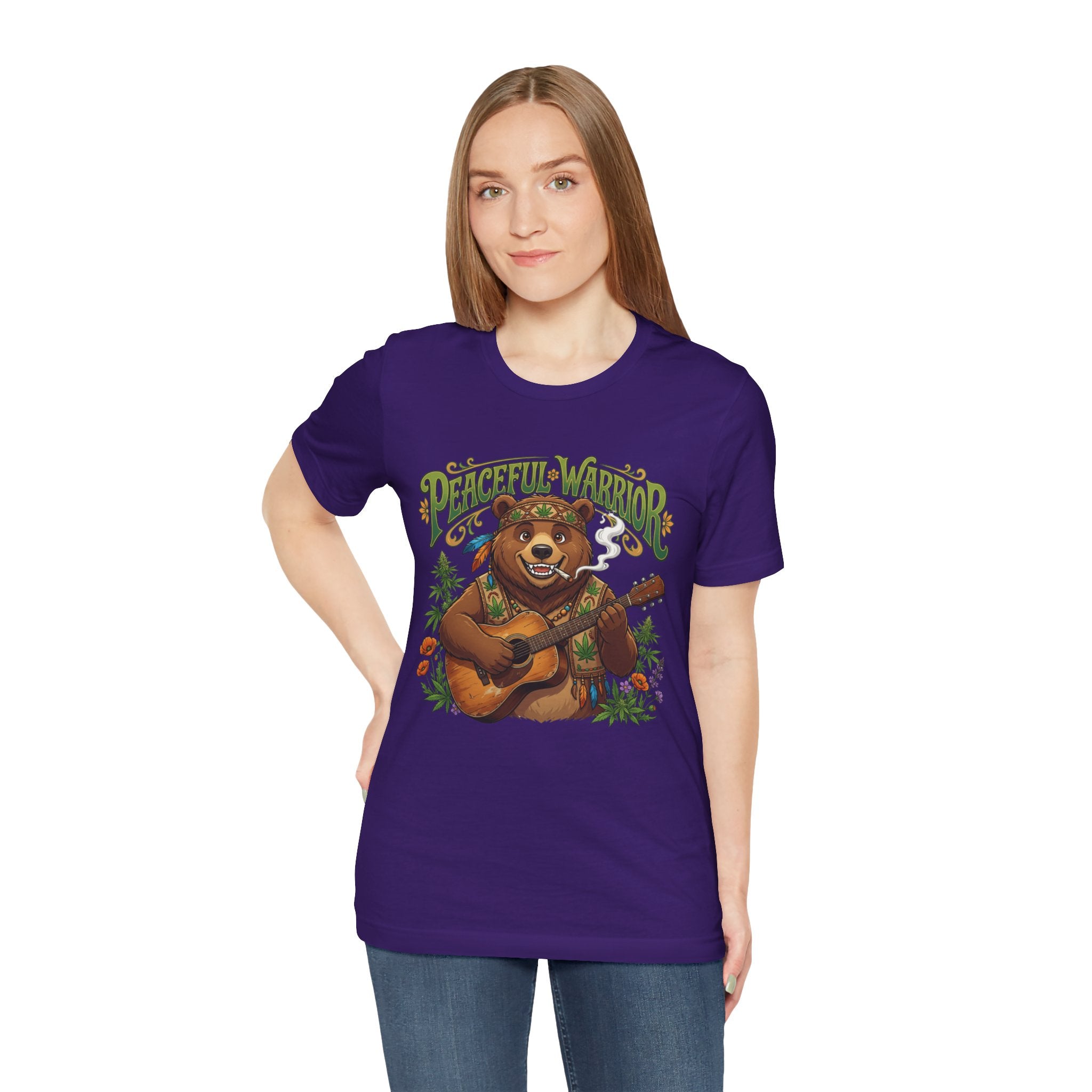 Peaceful Warrior Bear Guitar Tee — Retro Hippie Music Graphic T-Shirt
