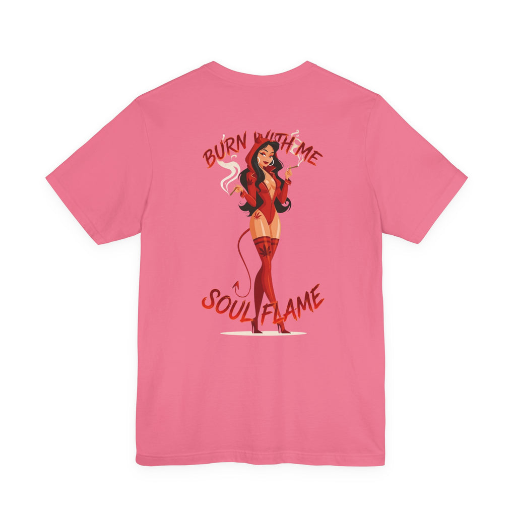 Burn With Me Soul Flame Tee — Retro Pinup Devil Girl Graphic T-Shirt