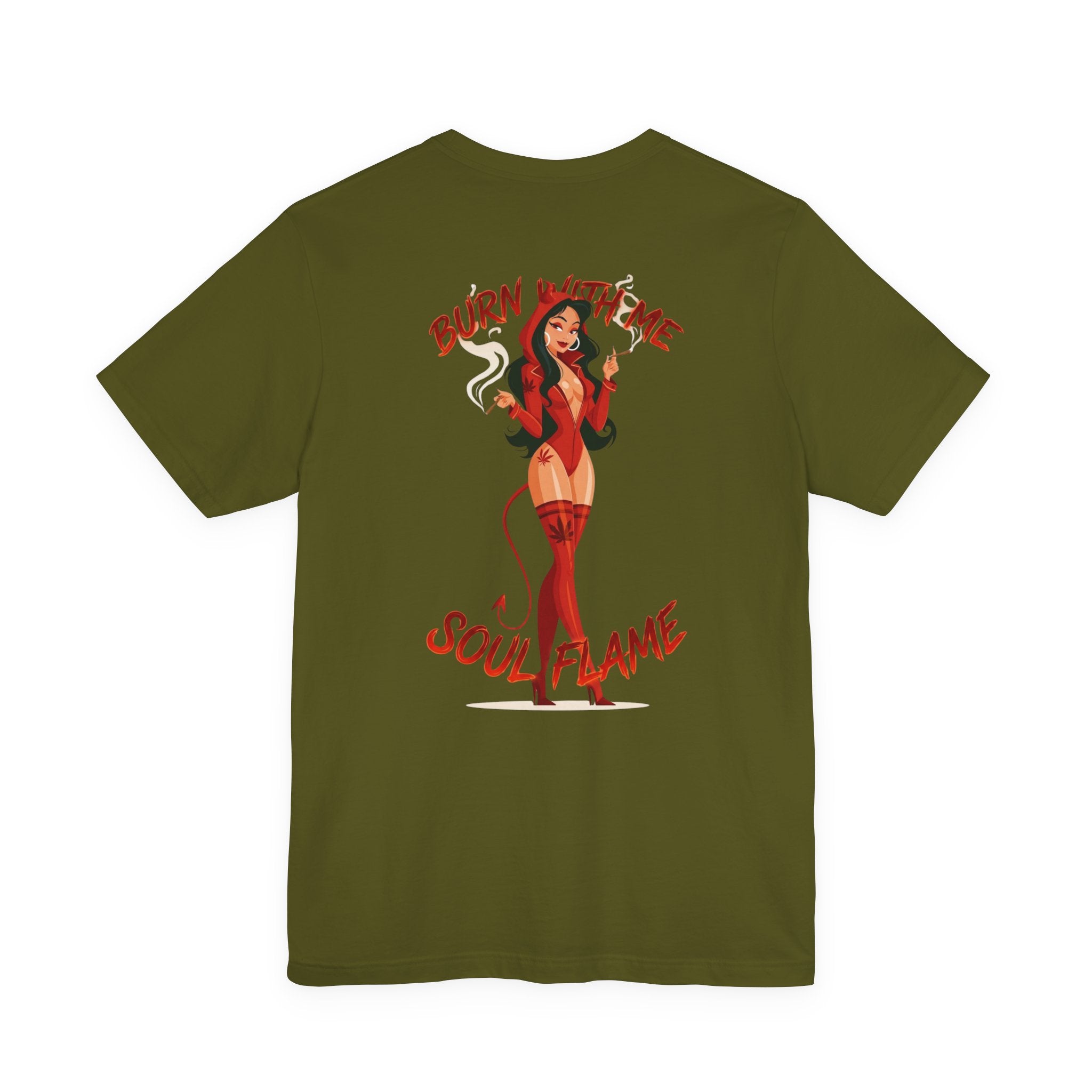 Burn With Me Soul Flame Tee — Retro Pinup Devil Girl Graphic T-Shirt