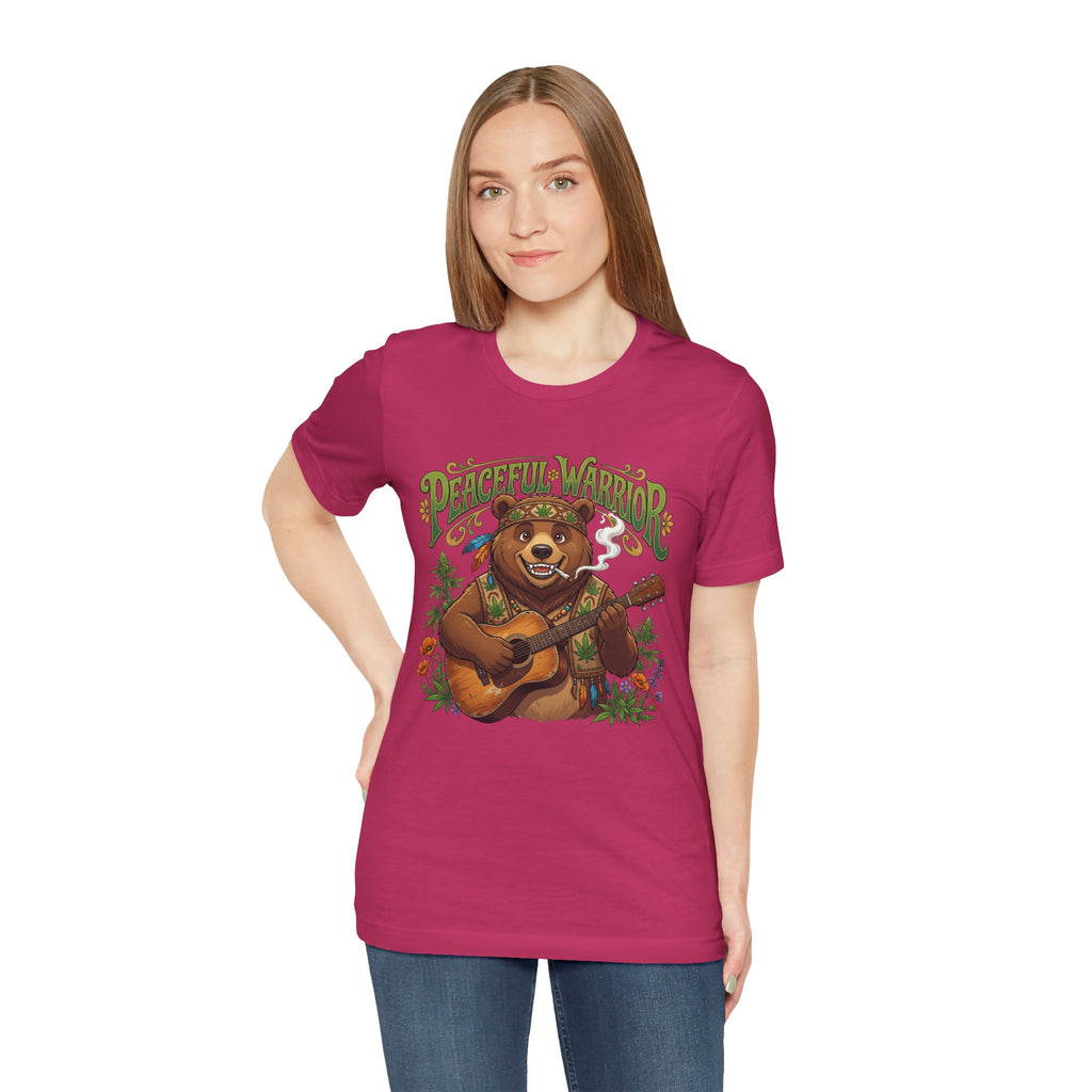 Peaceful Warrior Bear Guitar Tee — Retro Hippie Music Graphic T-Shirt