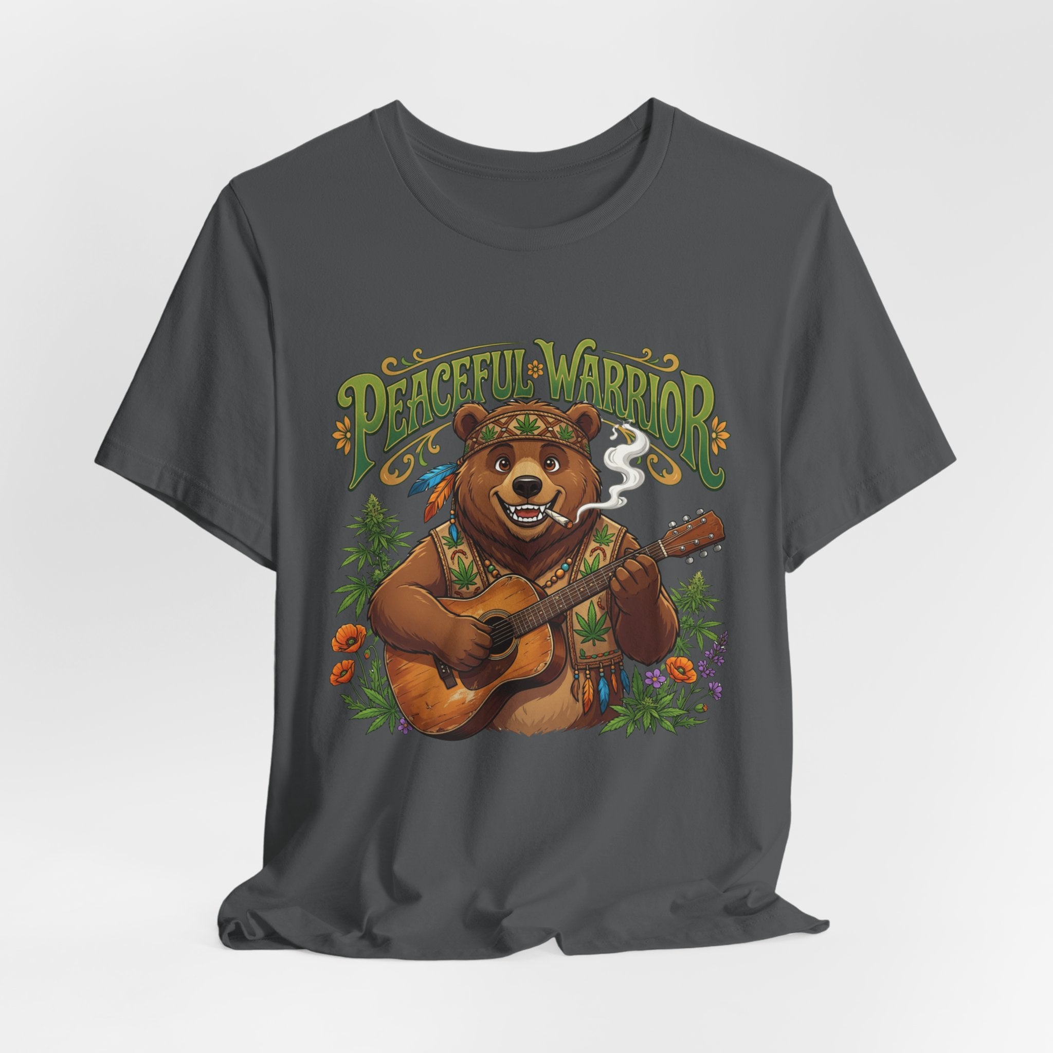 Peaceful Warrior Bear Guitar Tee — Retro Hippie Music Graphic T-Shirt