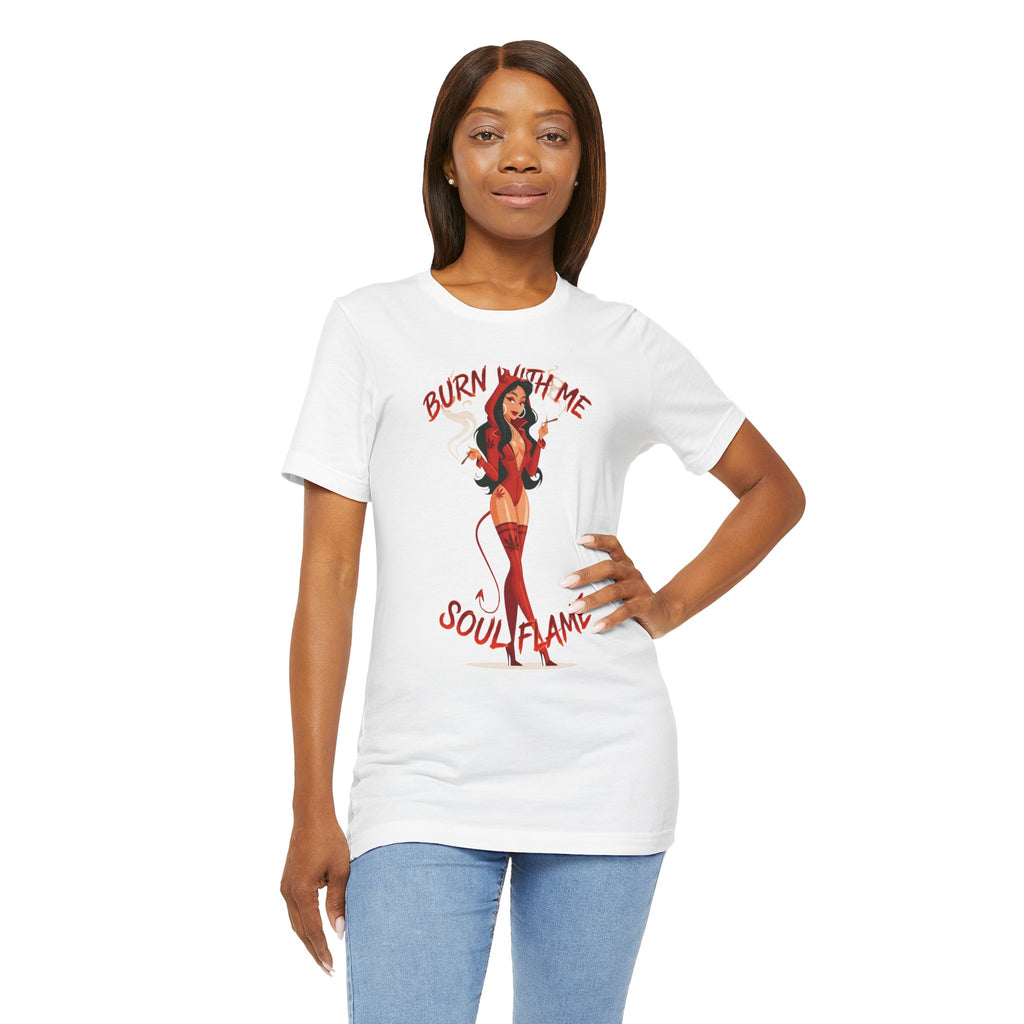 Devil Pinup Tee – "Burn With Me Soul Flame" Graphic T-Shirt