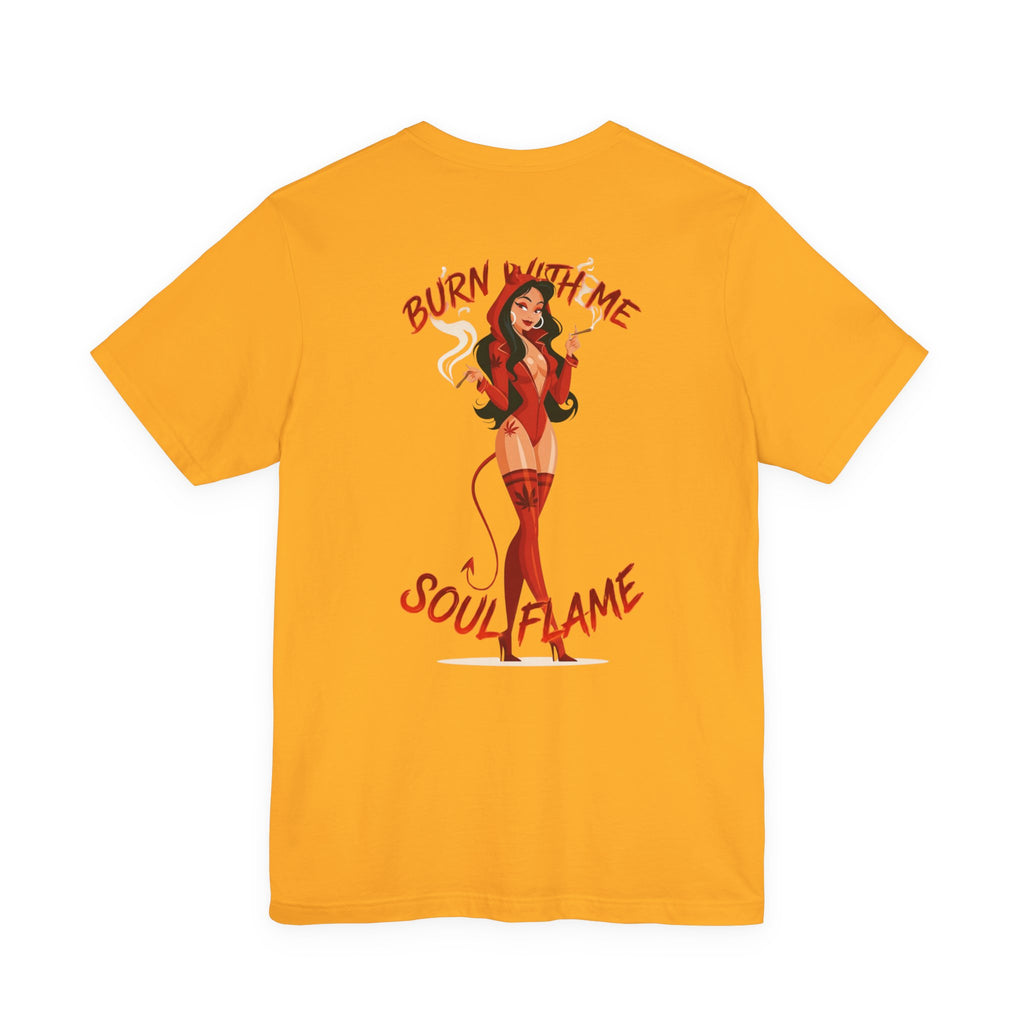 Burn With Me Soul Flame Tee — Retro Pinup Devil Girl Graphic T-Shirt