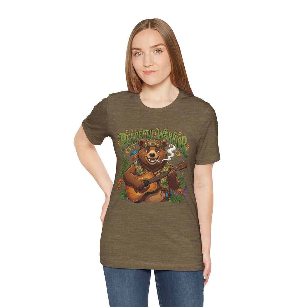 Peaceful Warrior Bear Guitar Tee — Retro Hippie Music Graphic T-Shirt