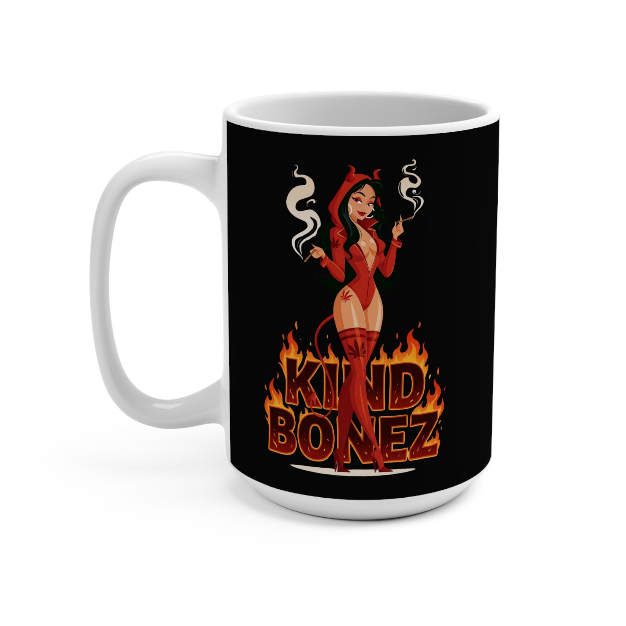 Devil Pinup Mug — "Burn With Me, Soul Flame" 15oz Coffee Cup
