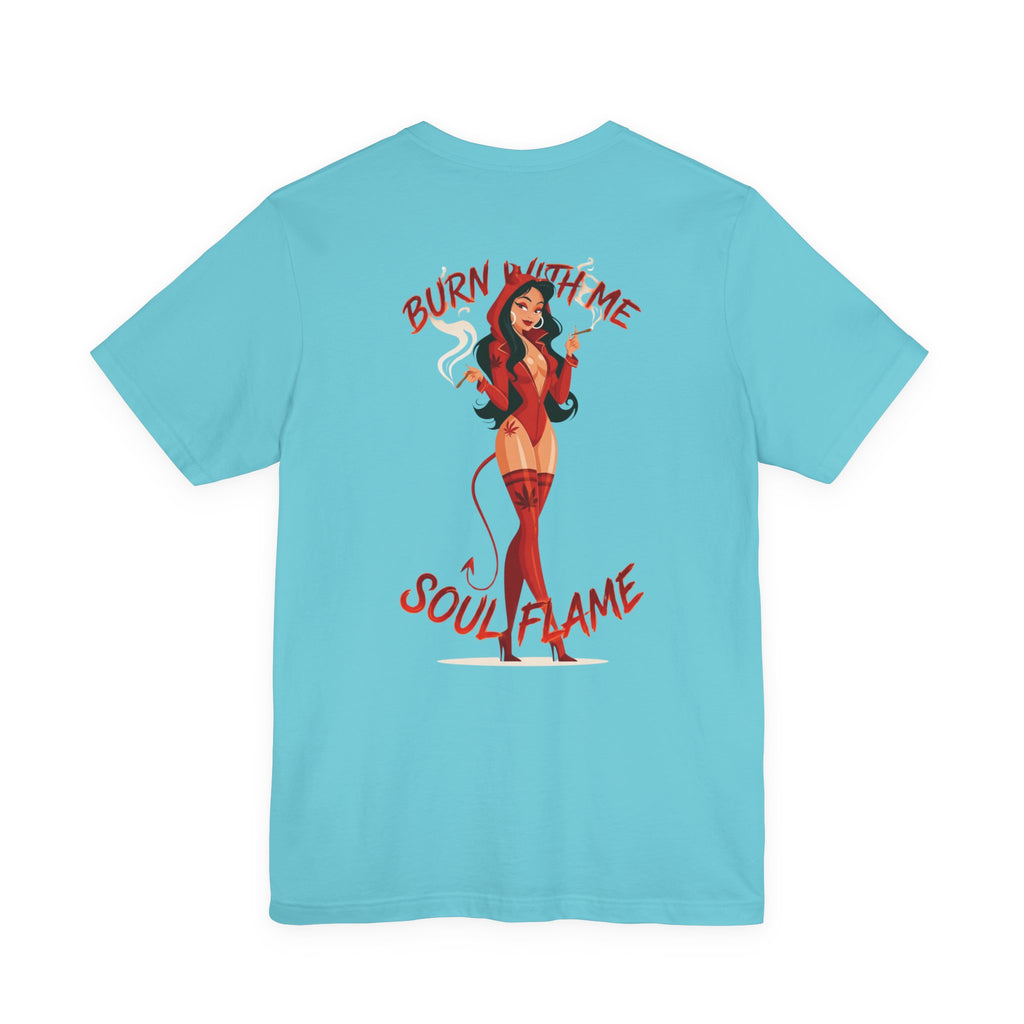 Burn With Me Soul Flame Tee — Retro Pinup Devil Girl Graphic T-Shirt