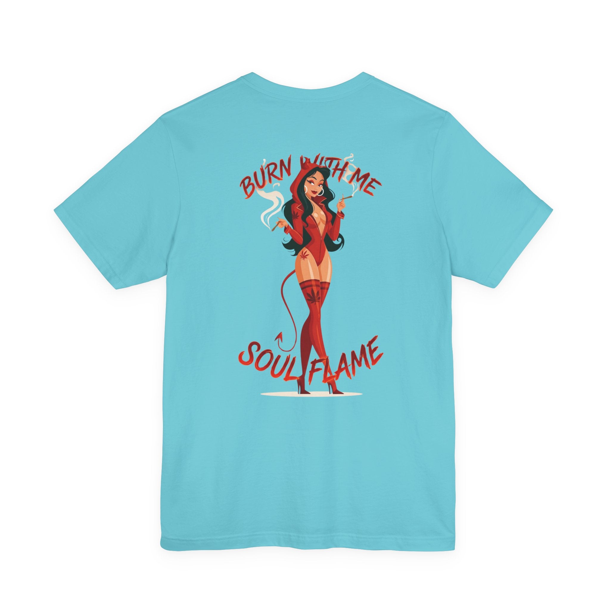 Burn With Me Soul Flame Tee — Retro Pinup Devil Girl Graphic T-Shirt