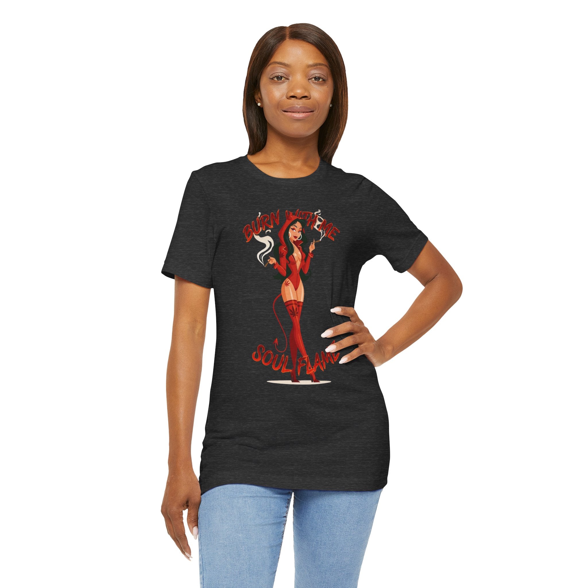 Devil Pinup Tee – "Burn With Me Soul Flame" Graphic T-Shirt