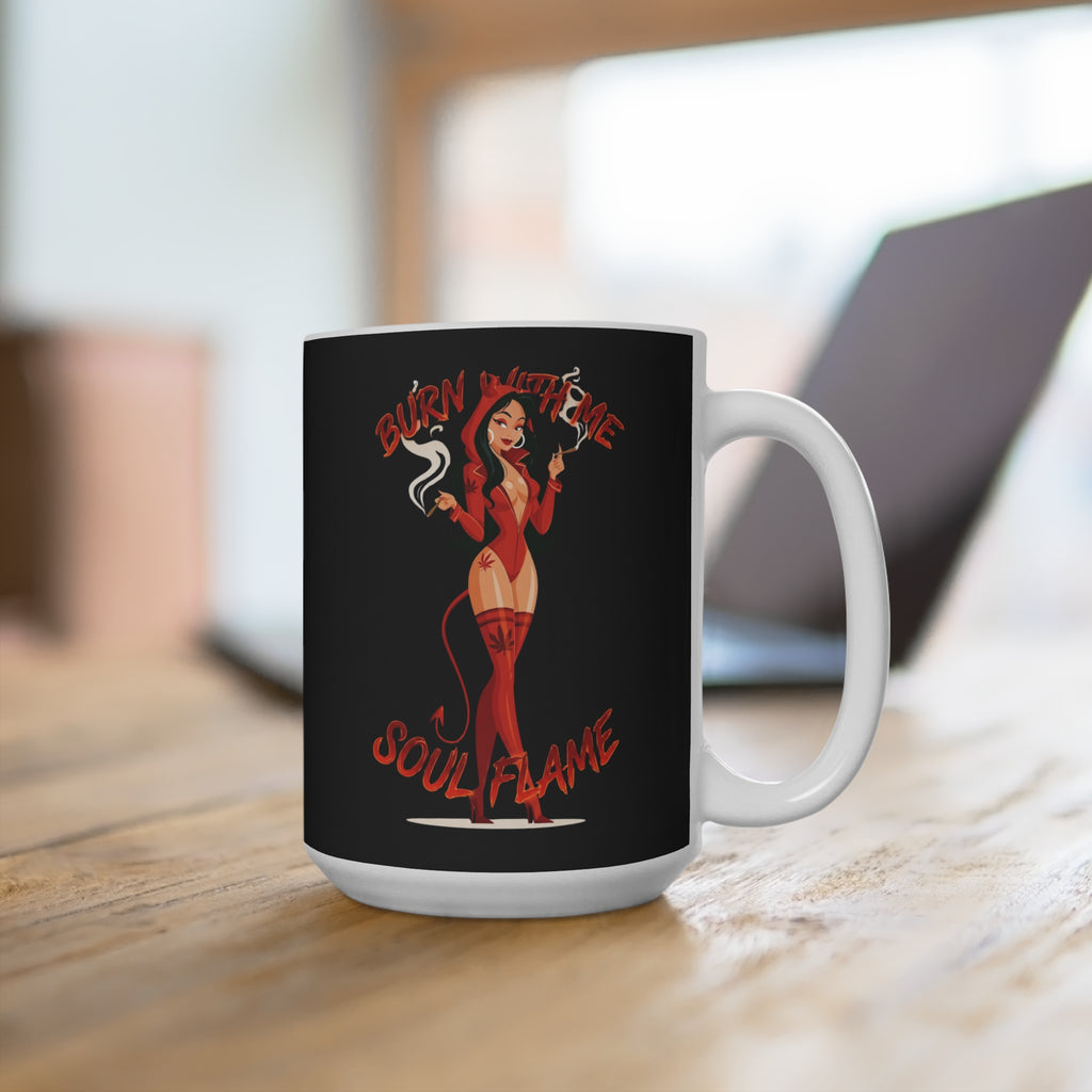 Devil Pinup Mug — "Burn With Me, Soul Flame" 15oz Coffee Cup
