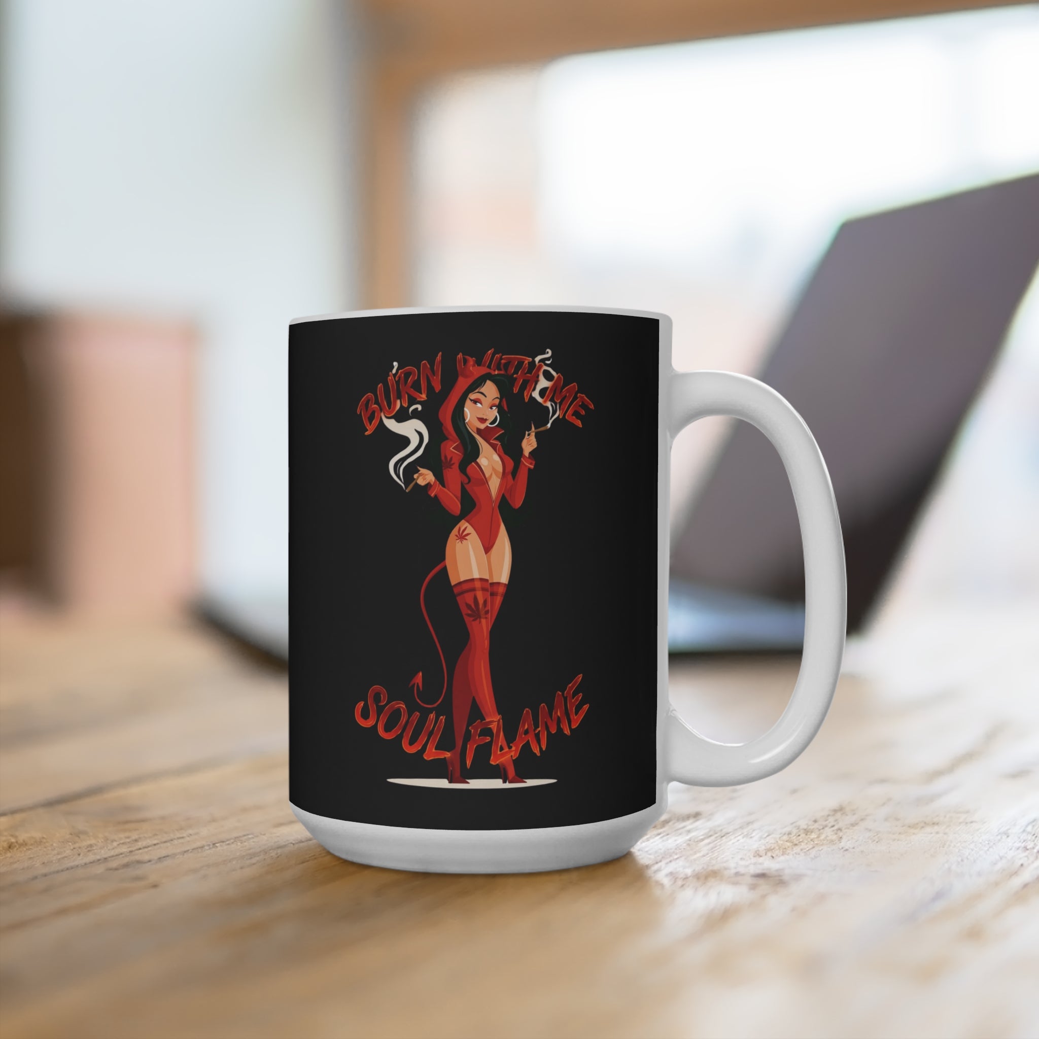 Devil Pinup Mug — "Burn With Me, Soul Flame" 15oz Coffee Cup