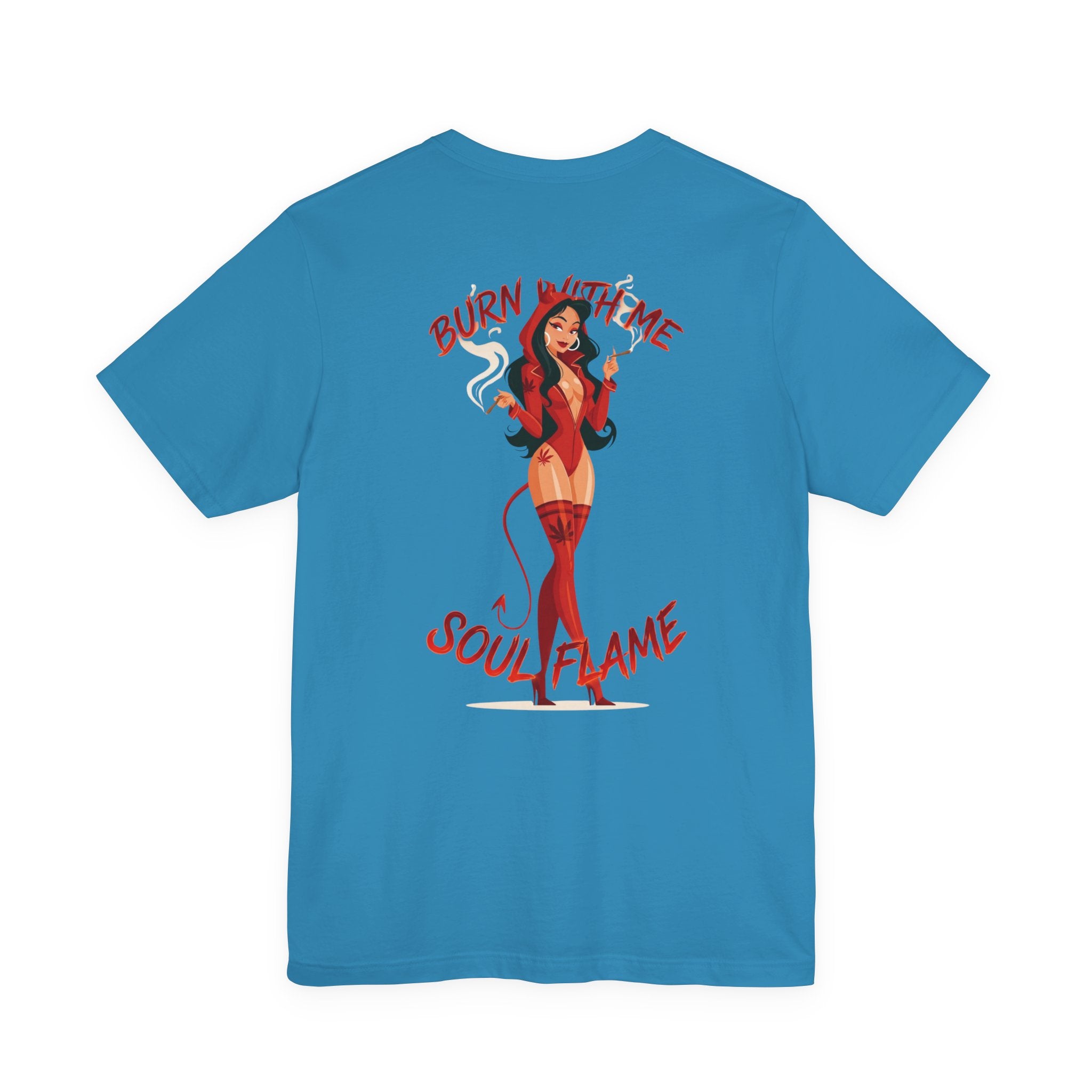 Burn With Me Soul Flame Tee — Retro Pinup Devil Girl Graphic T-Shirt