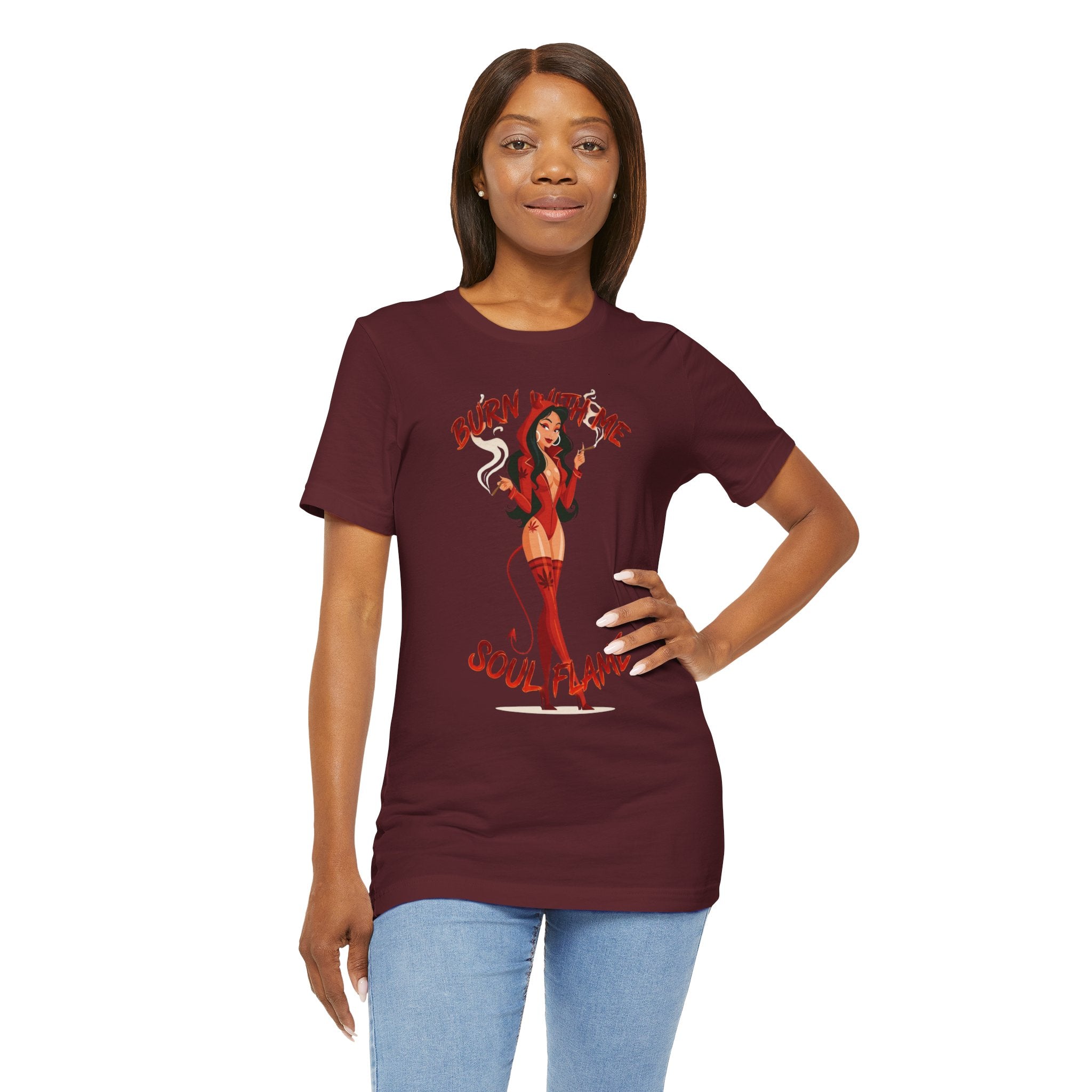Devil Pinup Tee – "Burn With Me Soul Flame" Graphic T-Shirt