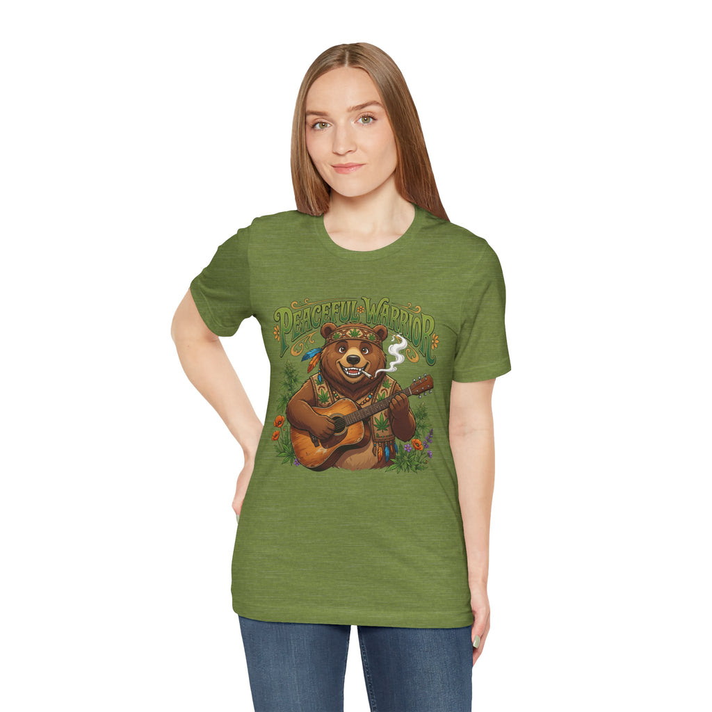 Peaceful Warrior Bear Guitar Tee — Retro Hippie Music Graphic T-Shirt