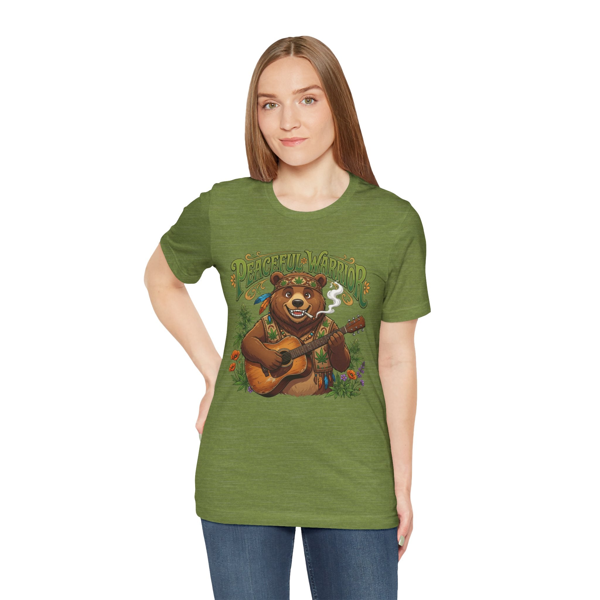 Peaceful Warrior Bear Guitar Tee — Retro Hippie Music Graphic T-Shirt