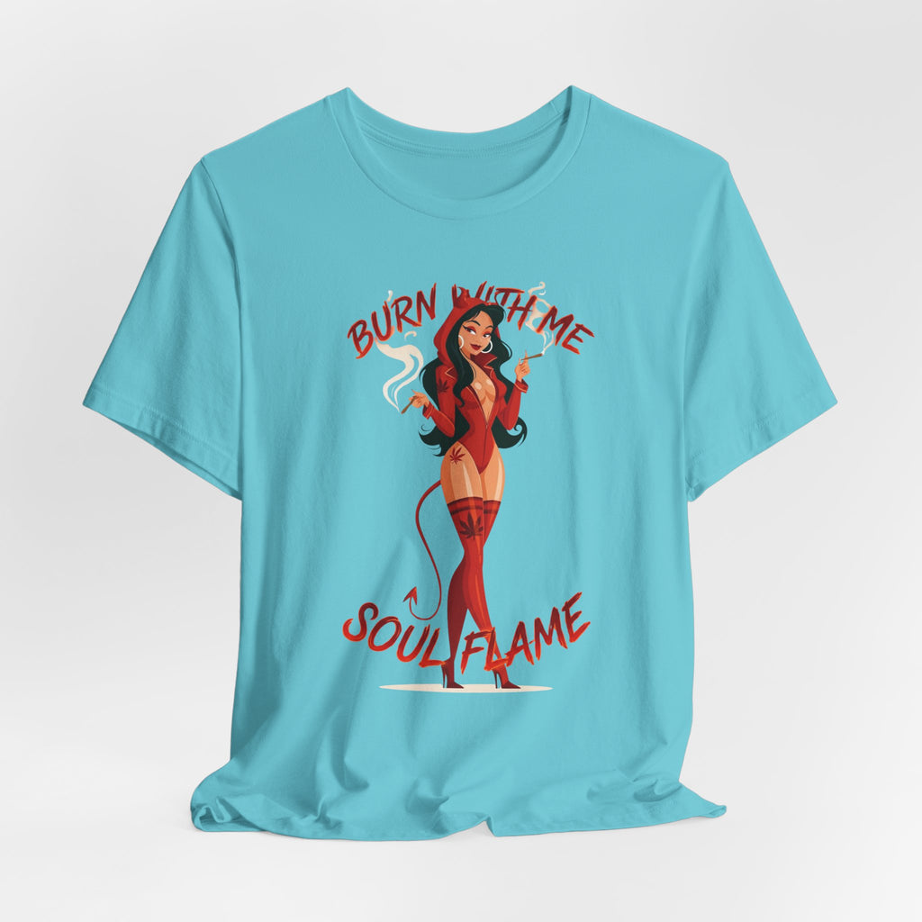 Devil Pinup Tee – "Burn With Me Soul Flame" Graphic T-Shirt