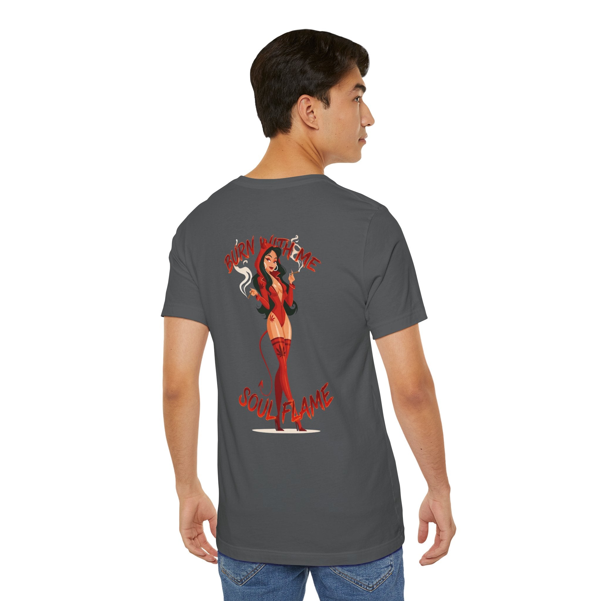 Burn With Me Soul Flame Tee — Retro Pinup Devil Girl Graphic T-Shirt