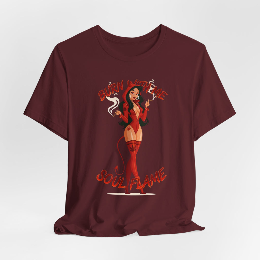 Devil Pinup Tee – "Burn With Me Soul Flame" Graphic T-Shirt