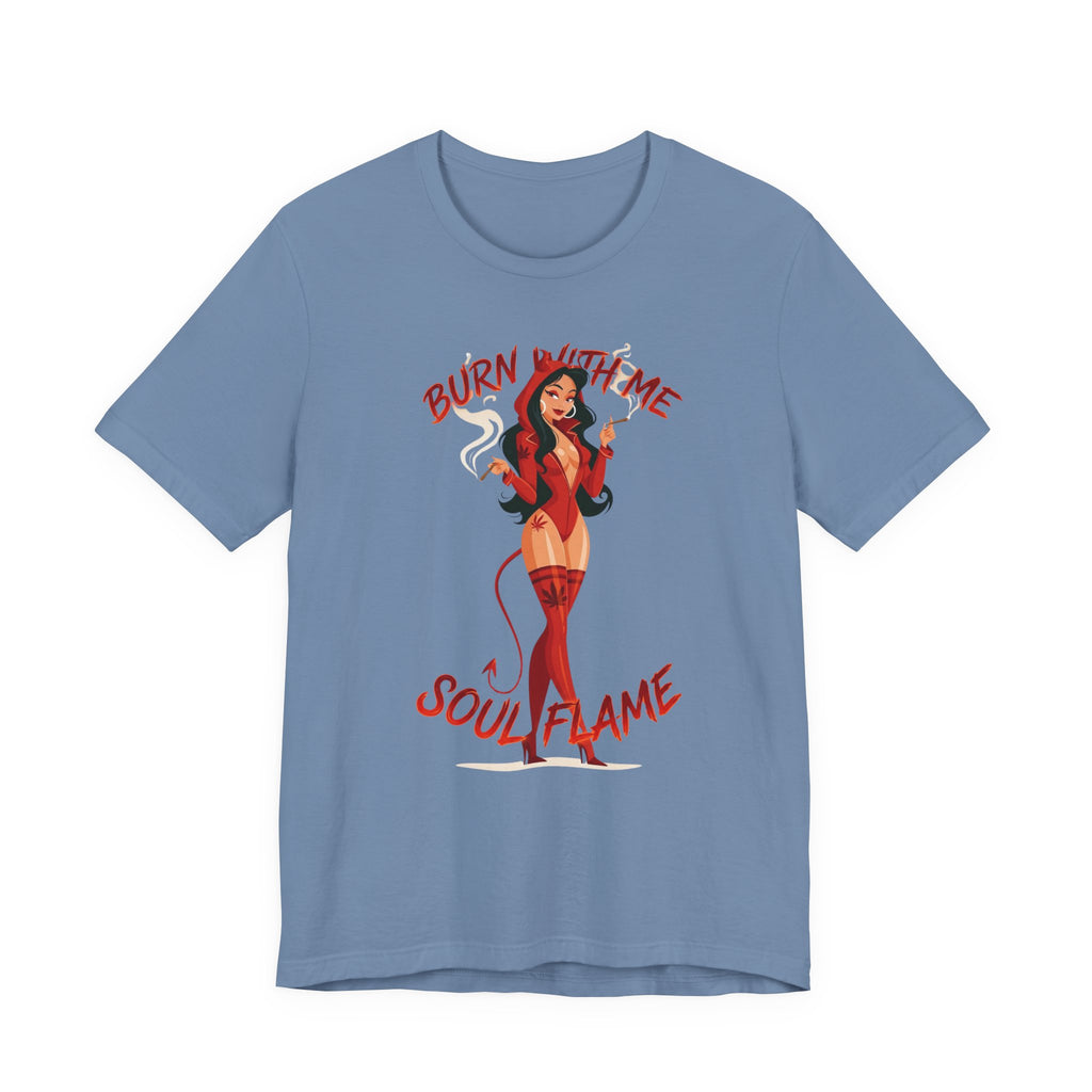 Devil Pinup Tee – "Burn With Me Soul Flame" Graphic T-Shirt