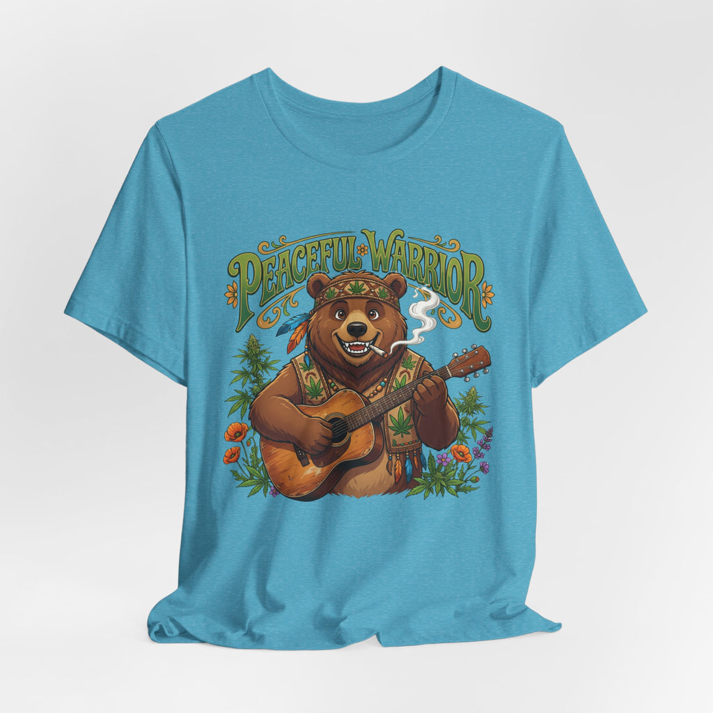 Peaceful Warrior Bear Guitar Tee — Retro Hippie Music Graphic T-Shirt
